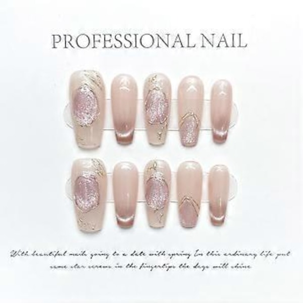 Långa Kista Handgjorda Rosa Falska Naglar Rhinestone Glitter Gradient Falska Naglar med Design 3D Kristall Metalliska Press On Naglar Glansiga Akryl för Kvinnor a
