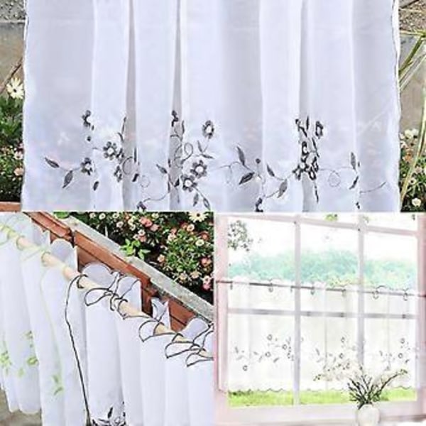 Kappe med broderi, vindusgardin i voile for kafé og kjøkken, 3 farger og 6 størrelser tilgjengelig (Hvit 60x140cm)