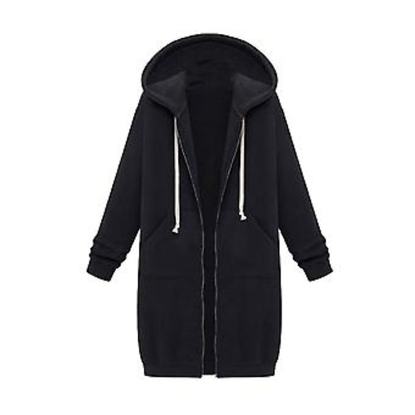 Fianao Plus Size Ensfarvet Casual Tyk Hættetrøje Kvinder Lynlås Lang Trøjejakke (L Sort)