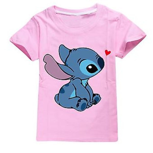 7-14-vuotiaille lapsille Disney Lilo & Stitch -painatus, rento kesäpaita lyhyillä hihoilla ja pyöreällä kauluksella, pojat ja tytöt, fanilahja (9-10 vuotta, vaaleanpunainen)