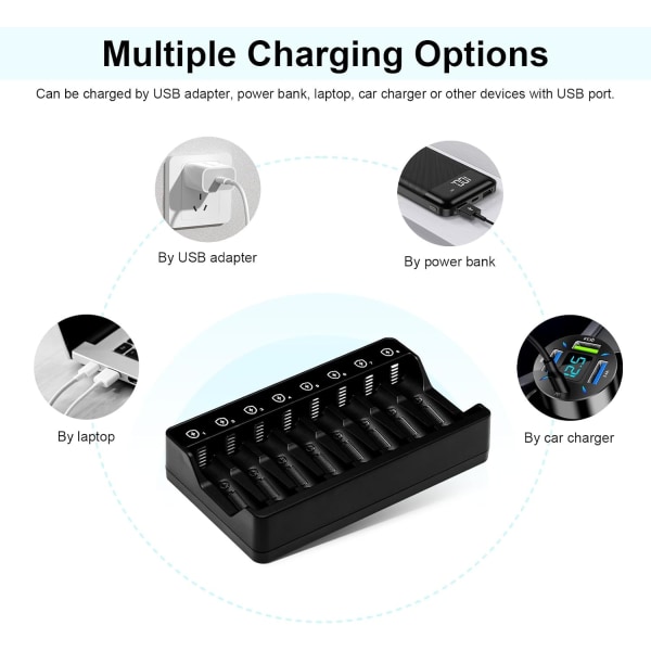 Genopladelig AA, oplader 8 slots 1.5v,1.2v Nimh ni CD AA AAA batteritype - C (USB hurtigopladning, Sepa