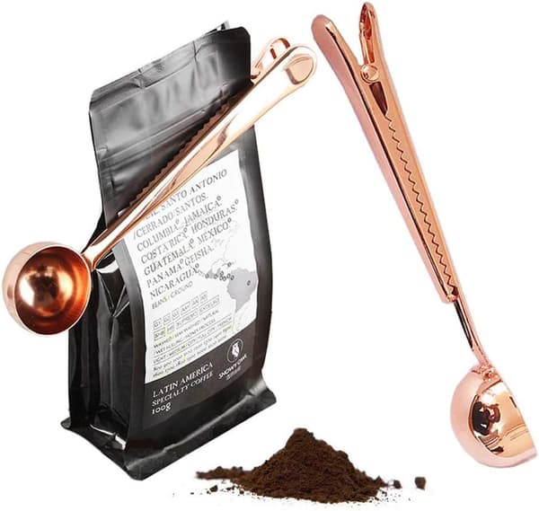 Kaffe måleskje med rustfritt stålklips, 2 i 1 lang hånd