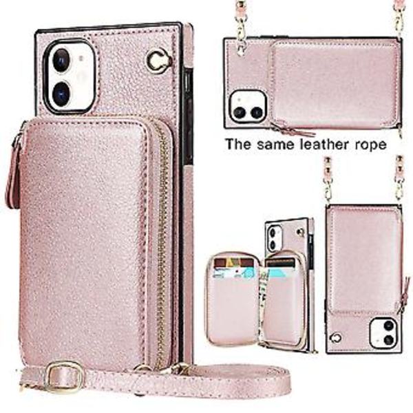 Plånboksfunktion Telefonfodral för Iphone 11 med Korthållare Axelrem Kvinna (Roséguld)