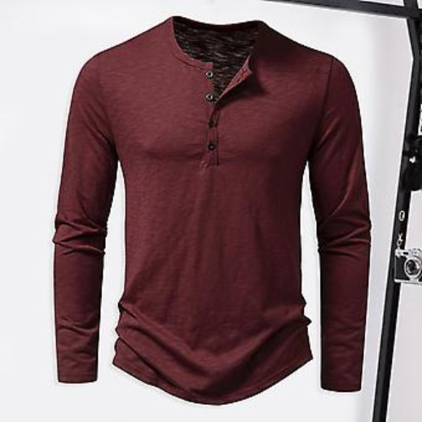 Mænd Efterår Forår T-shirt Rund Hals Knap Ensfarvet Tynd Langærmet Trøje Blød Casual Daglig Bundtrøje Sports Tøj (XL Sort)
