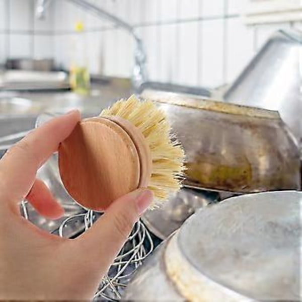 Träborste för wokpanna, portabel liten skrubborste, mångsidig diskborste med mjuka borst