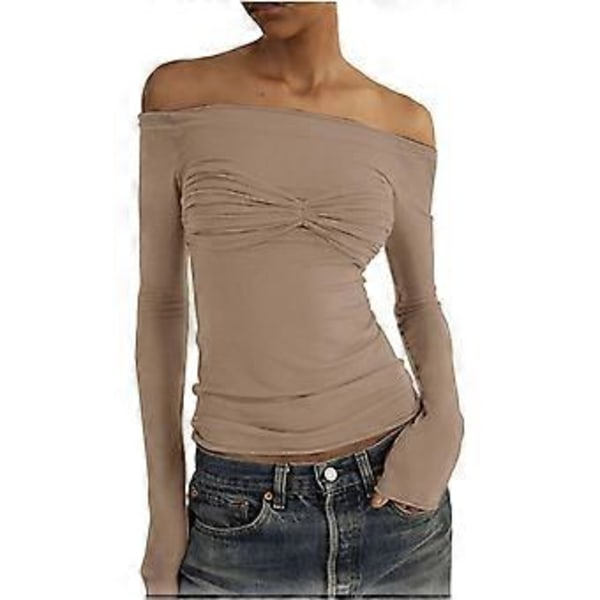 Dame Langærmet Skjorte Basic Crop Top Mode 2024 Base Layer Strækbar Slank Pasform Y2K Tops Mesh Gennemsigtig T-shirt (Khaki, L)