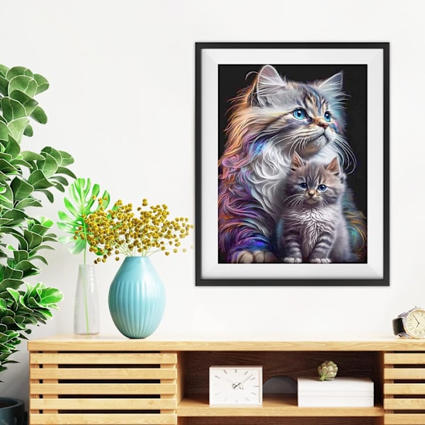 5D Diamantmålningssats komplett katt och kattunge, runda diamanter, D