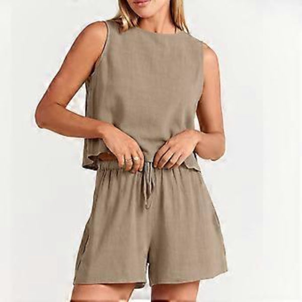 Ærmeløs T-shirt med rund hals, høj talje, elastiske korte underdele, moderigtigt afslappet sæt, ensfarvede bukser, sløjfer, elastiske shorts, marineblå XXL (XXL marineblå)