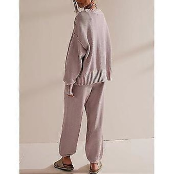 Neulotut oloasut naisille, 2-osainen pitkähihainen neuletakki ja collegehousut, kaksi osaa vastaavat asut Khaki XL (XL Khaki)