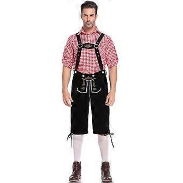 Saksalainen perinteinen miesten Oktoberfest-asu ruutupaita brodeeratut olkaimet puku (XL punainen paita ja mustat haalarit)