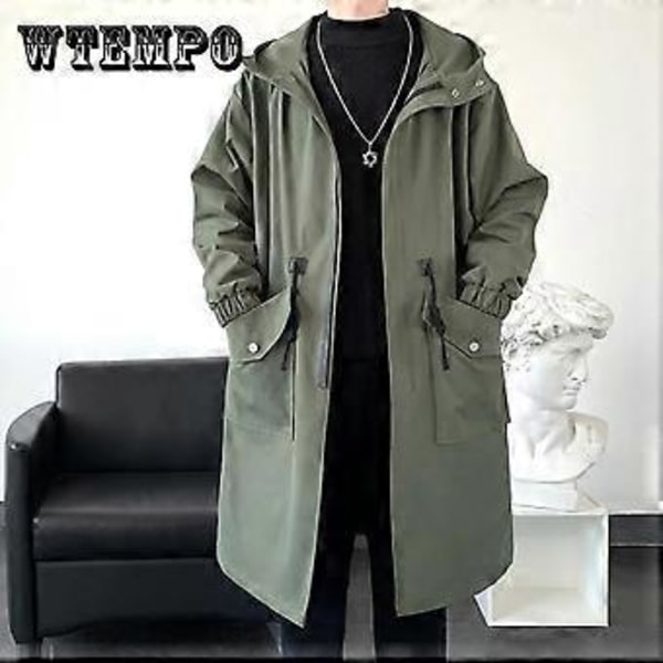 Vanntett vårjakke for menn med hette, vindjakke ensfarget trendjakke, avslappet, løs og komfortabel parka lang (XL khaki)
