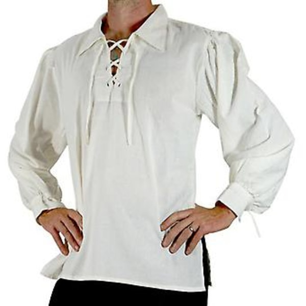 Herre Medieval Renaissance Cosplay Skjorte med Lapel Langærmet Snøre Solid Farve Løstsiddende Trøje (L Hvid)