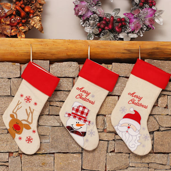 Söt julstrumpa set om 3 tomte, ren, snögubbe jul
