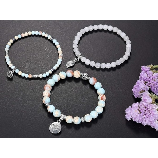 3PCS Natursten Armbånd Kvinder Lotus Tigerøje Obsidian Rhodochrosite Energi Perler Ædelsten Elast