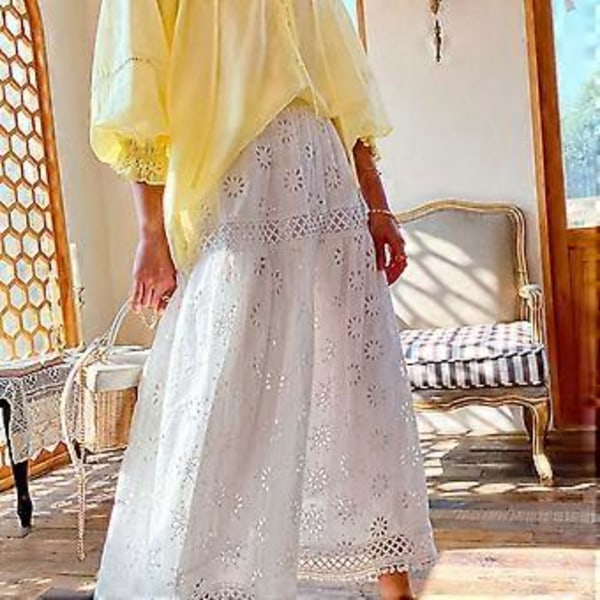 15% RABATT Mode Dam Sommar Casual Färg Broderad Volangkjol Maxi (Vit-Vit)