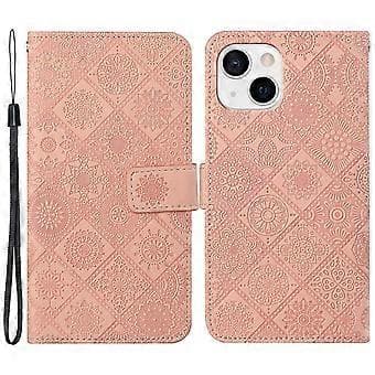 Læderpung-etui til iPhone 15, præget blomster stødsikkert telefonstativcover