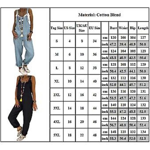 Dame Spring Sommer Casual Løse Lange Bib Bukser Jumpsuits Baggy Bomuld Linned Look Rompers Overalls Bukser Plus Size (3XL Mørkeblå)