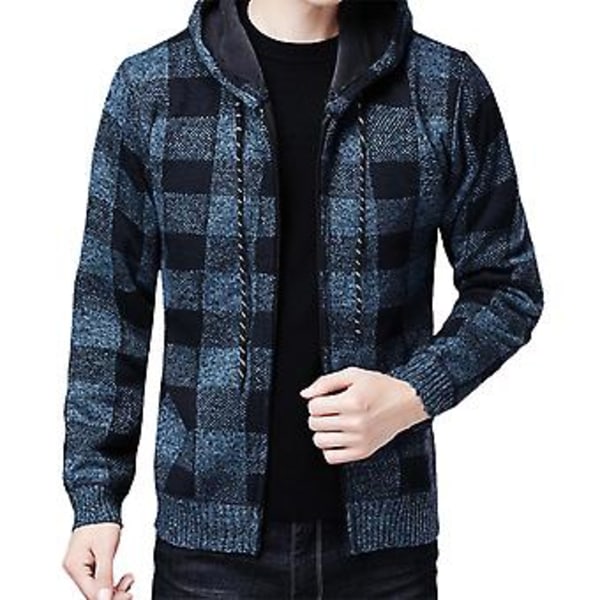 Fianao Herrejakke Rutete Mønster Pustende Polyester Genserhettegenser for Vinter (L Blå)