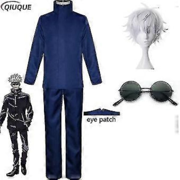 2023-anime Jujutsu Kaisen Gojo Satoru Cosplay-asu - Yläosa, housut, silmälappu, Halloween-juhliin, miesten uniformu, peruukki - 1-1 (XXXL sininen paketti 4)