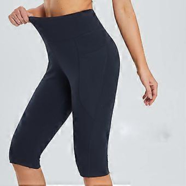 Naisten korkeavyötäröiset joogacapritaskuhousut, vatsaa tukevat, läpinäkymättömät treeniurheilucaprit juoksuleggingsit Musta XL (XL Musta)