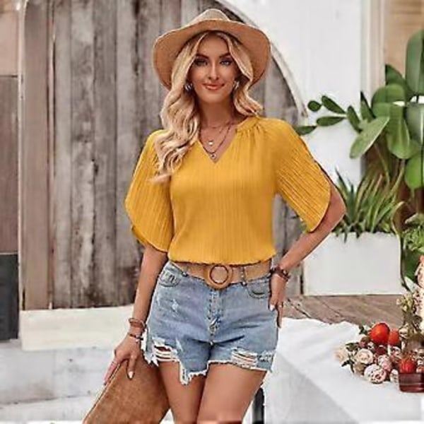 Dame Kortærmet V-hals Top Skjorter Basic Oversize Casual Løs Tunika Party Bluse Toppe Dame Sommer Skjorte Sommer Bluse (S Yelloe)