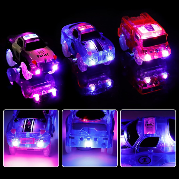 Kilpa-auto - 9,5 cm x 5 cm, 3 kappaletta (kilpa-auto, poliisiauto, paloauto) 5 vilkkuvalla LED-valolla