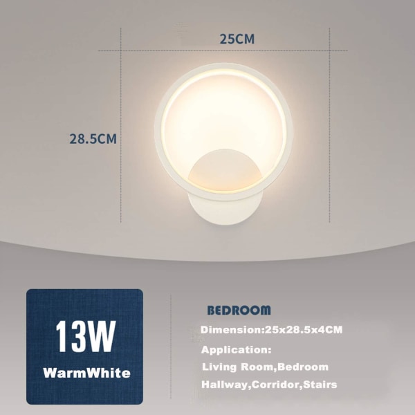 13W LED indendørs væglampe moderne rund varm hvid 3000K væglampe