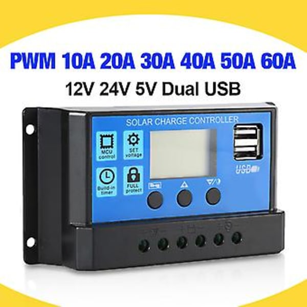 60A/50A/40A/30A/20A/10A Solcelleladningsregulator Automatisk PWM-regulatorer LCD-display Dobbelt USB-udgang (Sort)
