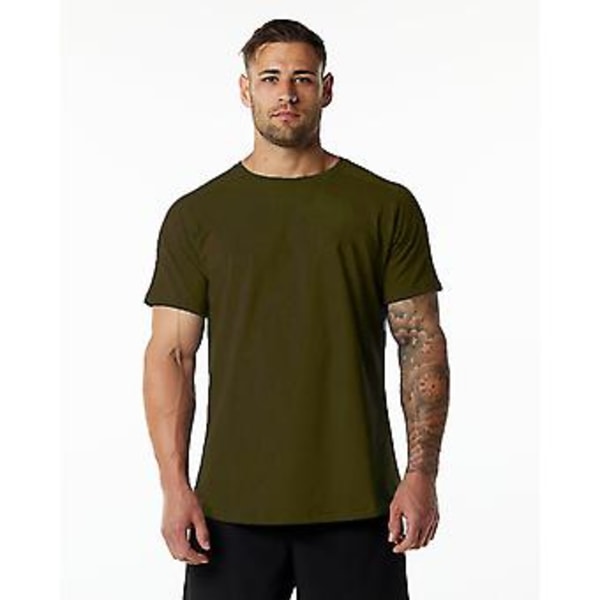 Sports Fitness Kortærmet Mænd Bomuld Rundhals Solid Farve Casual Træning Sort T-shirt (L ArmyGrøn)