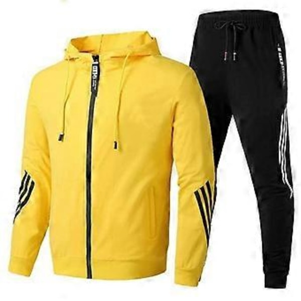 Stor Storlek Herr Höst och Vinter Mode Casual Träningsset Jacka Sweatpants 2 Delar Set (S gul)