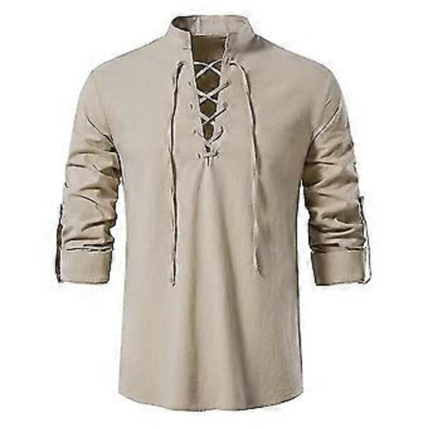 Herre Retro Stil Langermet Skjorte Topper Renessanse Viking Pirat Hippie Bluse -NMAOV(M Aprikos)