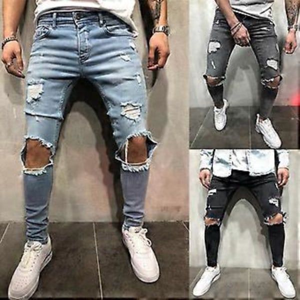 Herre Jeans Nye Flåede Slim-Fitting Herretøj Bukser Herretøj Skinny (L lyseblå)