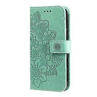 7-blads blomster preget lærveske for iPhone 15 Plus (Grønn)