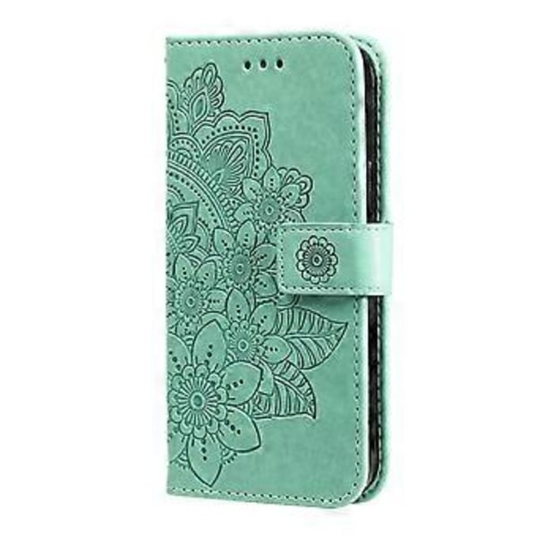 Läderfodral med präglade 7-bladiga blommor för iPhone 15 Plus (Grön)