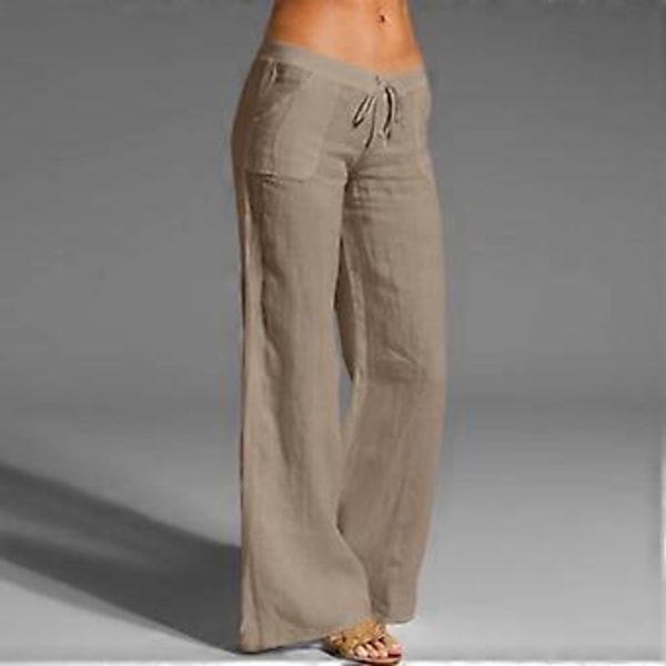 Dame Forår Sommer Bomuld Hør Bukser Casual Elastisk Talje Bred Ben Mode Hvide Sorte Bukser (2XL hvid)