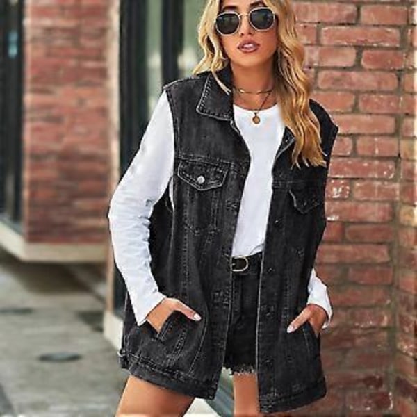 Moderigtig denim vest til kvinder ærmeløs afslappet løs lang jeans jakke frakke street hipster dame tøj XS-XL(L blå)