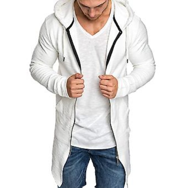 Fianao Herrkappa Solid Färgad Cardigan Slank Lång Vårförkläde för Dagligt Bruk (L Vit)