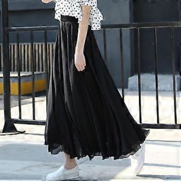 Vårskjørt Lagdelt Chiffon Lange Skjørt For Kvinner Elegant Casual Høy Midje Boho Strand Maxi Skjørt Saias Femme(S svart)