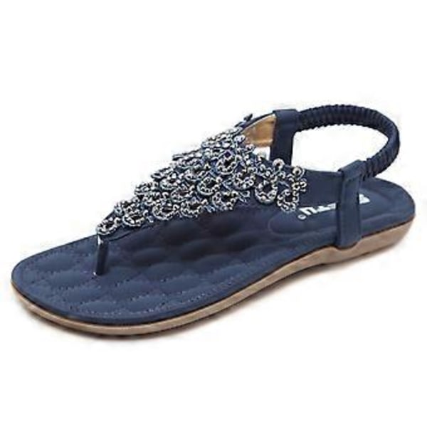 Sommersandaler Rhinestone Boho Store Størrelse Dame Flade (EU 35 Blå)