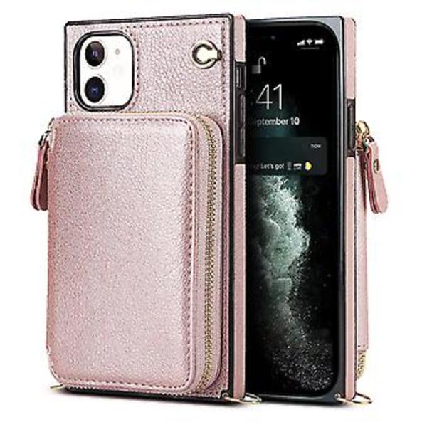 Plånboksfunktion Telefonfodral för Iphone 11 med Korthållare Axelrem Kvinna (Roséguld)