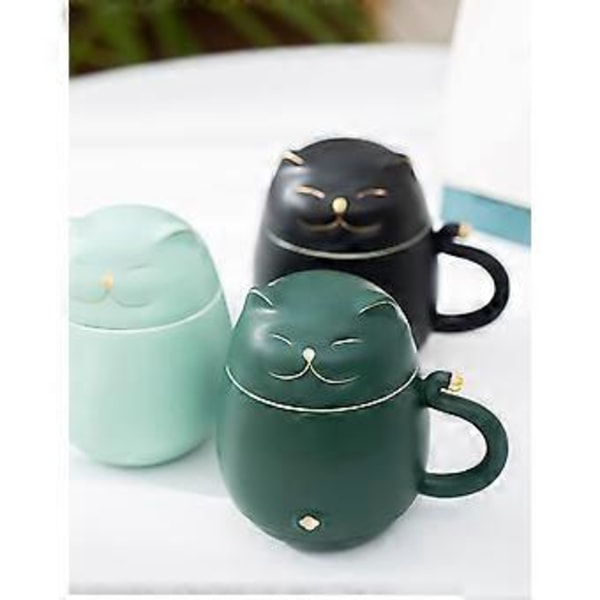 Söt Katt Tekopp med Infuser Lyckokatt Kaffe Mugg med Lock Keramik Mugg för Kattälskare 300 ml (Mintgrön)