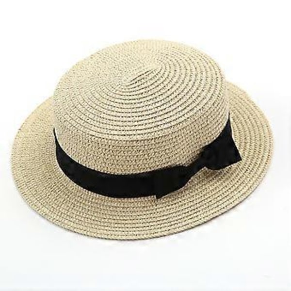 Sommerstrand Bowler Straw Boater Solhatte Runde Flade Bredbremmet Kasket (Beige)