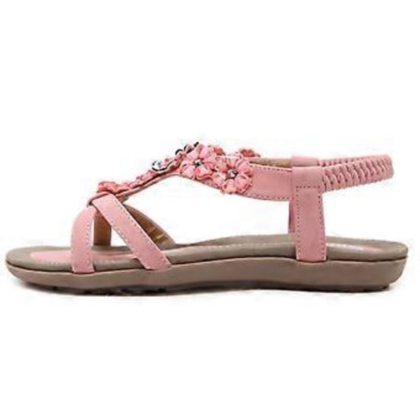 Sommarsandaler för damer, bohemiska blommor, strass, stora storlekar, platta skor, strandsandaler (EU 37 Rosa)