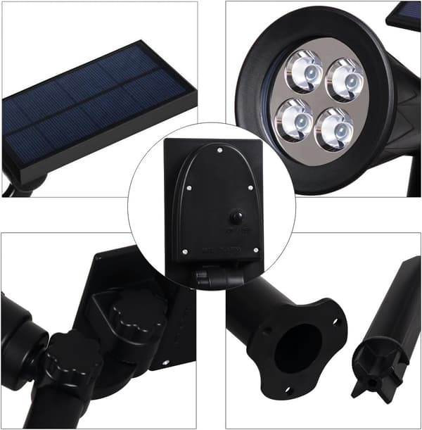 Solcelled LED-flomlys, 2 i 1 4 LED-solcellelys, IP65 vanntett O