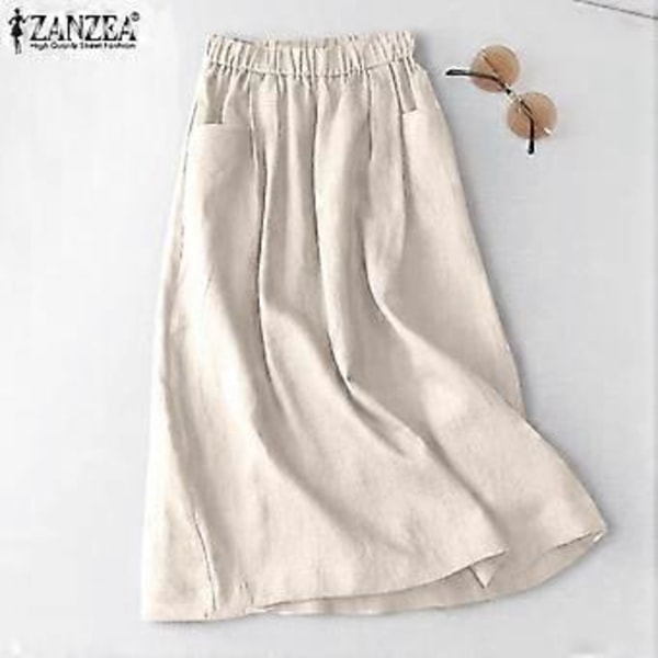 ZANZEA Dam Solid Färg Elastisk Midja Casual Bomull Långa Kjolar (4XL brun)