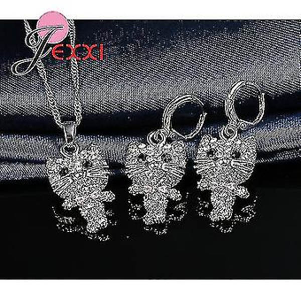 Mode-inspirerat kattdesign-hänge halsband/örhänge smyckesset 925 Sterling Silver Cz Diamant Bröllopssmyckesset Glansigt Kedja ( )
