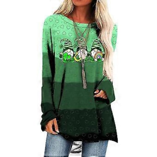 Naisten pitkähihainen St. Patrick's Day -paita, onnenapila-tonttukuvioinen pusero, löysä yläosa -NMAOV(XL C)