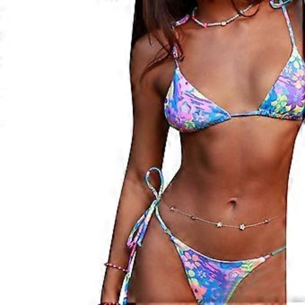 Dame Delt Badedragt Tanga Komfortabelt 2-delt Stroppy Svømmedragt Wrap Højtaljet Strandtøj Halter String Bikini Sæt Blå L(L Blå)