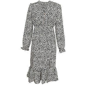 Sommar bohemisk leopardtryckt midiklänning för damer, V-ringad knapp, sidoslits, böljande långklänning, vit leopard L(L vit leopard)