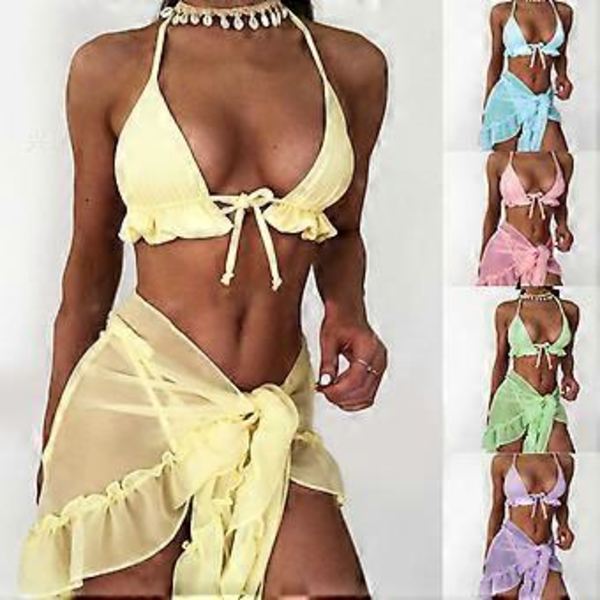 Naisten kolmiosainen seksikäs spagettiolkaimellinen korkealle leikattu stringiuimapuku Push Up Bikinit Nauhoitettavat uima-asut Uimapuku Rantavaatteet Pinkki L(L Pinkki)